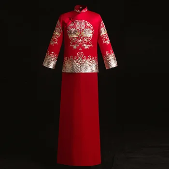 

chinese style Wedding mens toast costumes Gown red embroidery groom evening Long gown kimono bridegroom jacket tang suit Clothes