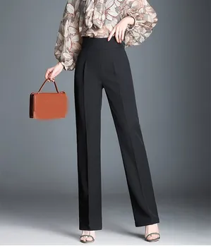 

Fashion 2019 Summer Plus Size Women Solid Color Slim Pants Ol High Waist Straight Trousers Fashion Zippers Wide Leg Pants