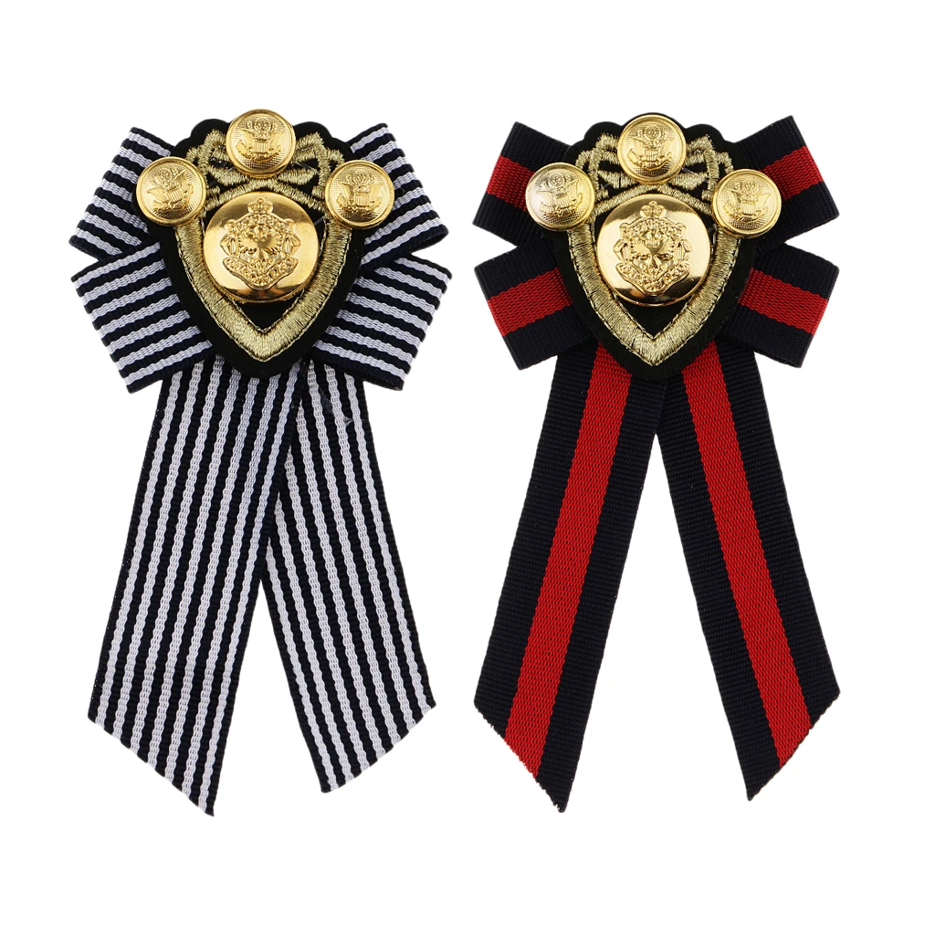 

Retro Bow Gold Badge Brooches Pins Striped Fabric Bowknot Tie Necktie Pin Pre-tied British Necktie Brooch broche broches women