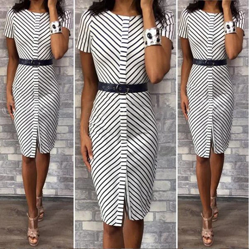 Женское офисное платье в Вертикальную Полоску с круглым вырезом идеально