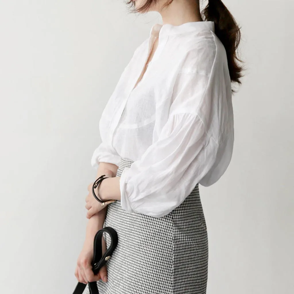 Women Blouse 2019 Women's Wear Simple Long Sleeve Cotton And Linen Pure Color Shirt