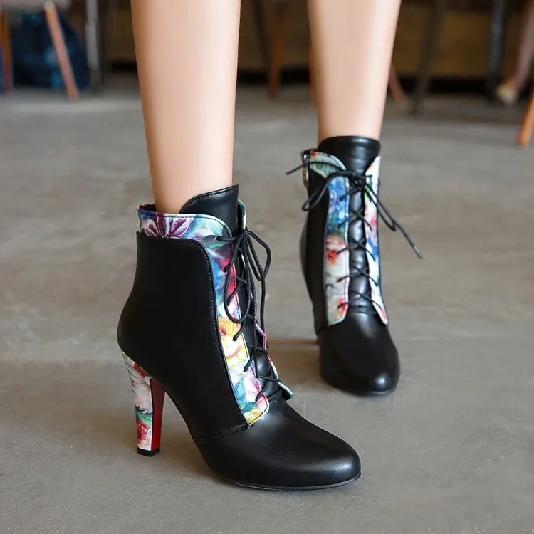

Big Size 11 12 13 14 15 16 17 Ma'am Coarse heel Short Print decorate Frenulum boot barrel High heel boots