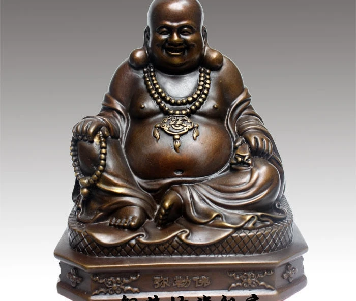 

7" China Bronze Buddhism Happy Maitreya Buddha Sit Hand Hold Bead Statue