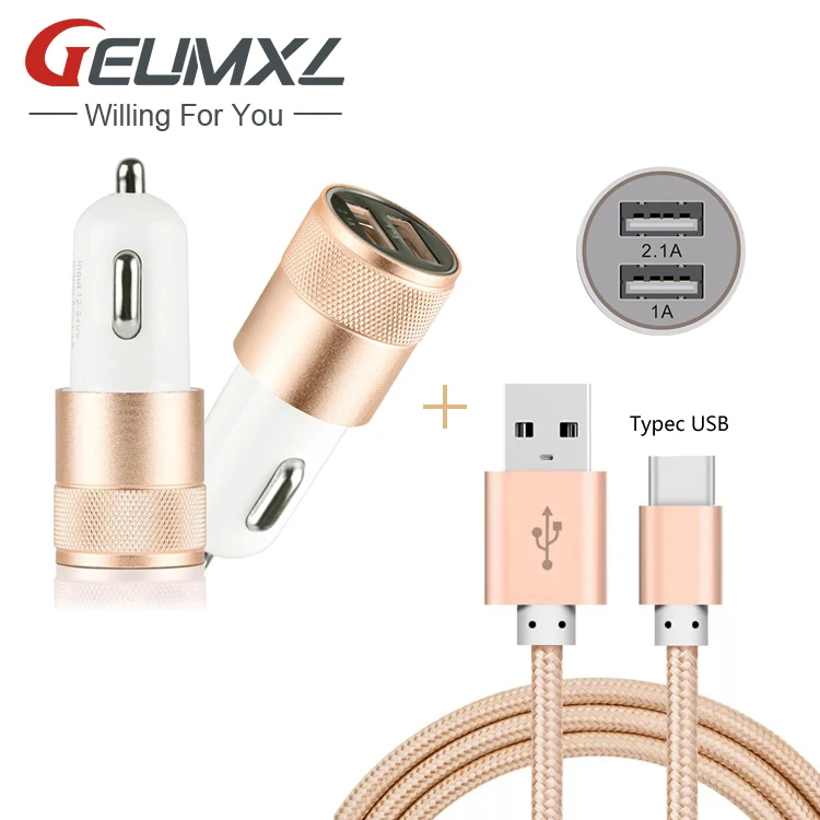 Type C USB 3.1 Charging Data Cable + Dual USB Car Charger Power Adapter