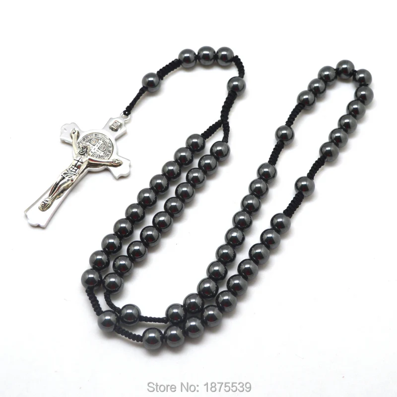 

2018 Fashion Black Hematite Round Bead Rope Woven Men Rosary Necklace