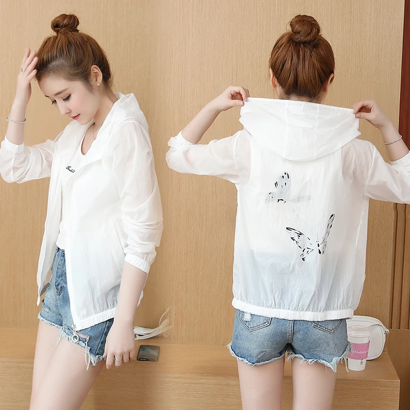 

Summer Print Thin Hooded 3 Colors Jacket Women Casual Slim Long Sleeve Zipper Bomber Jacket Tops Fashion Sunscreen Cardigan Coat