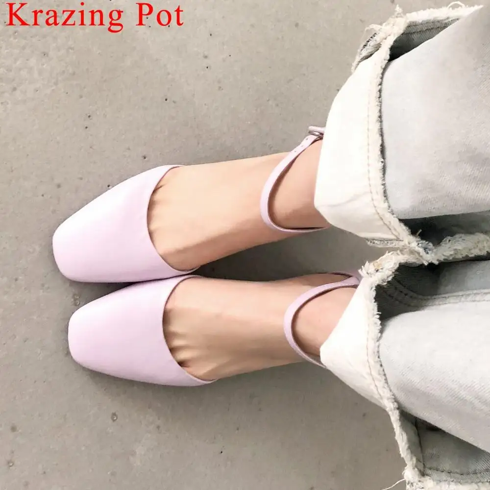 

Krazing Pot simple style thick med heels full grain leather square toe women pumps buckle strap hollow campus dating shoes L07
