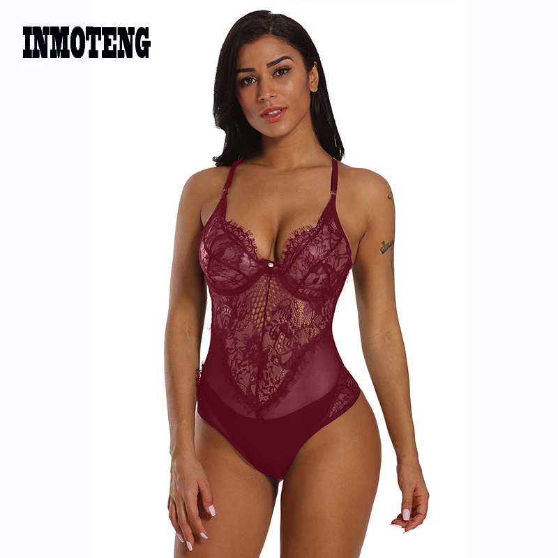 

Sexy Erotic Lingerie Costumes Plus Size Women's Black Sheer Mesh Lace Cupped Teddy Lingerie Sleepwear Underwears lenceria