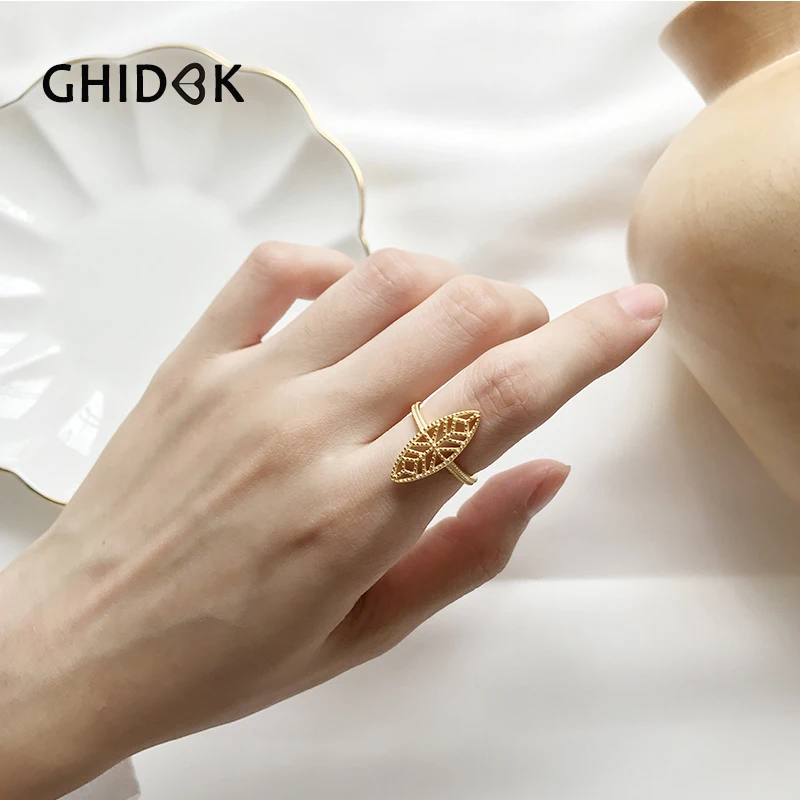 

GHIDBK Genuine 925 Sterling Silver Hollow Leaf Rings For Women Statement Jewelry Gold Color Oval Rings Vintage Engagement Ring