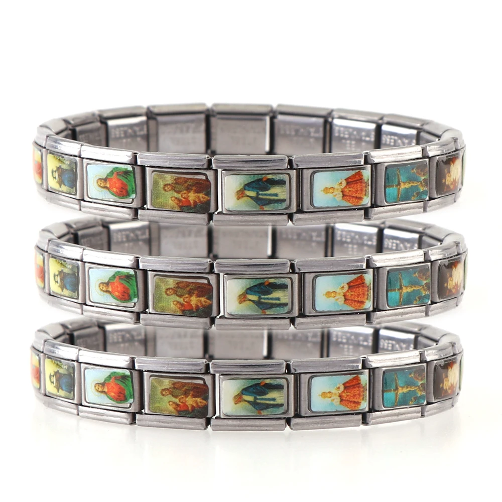 

2Pcs Stainless Steel Elasticated Small Square Catholic Saints Bracelet Random Catholic Images
