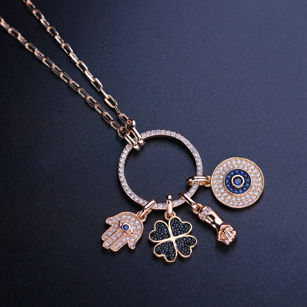 

Turkish Circle Round Necklace Evil Eye Pendant Necklace Pave CZ Four Leaved special unique Long Chain Women Jewelry NWX002782