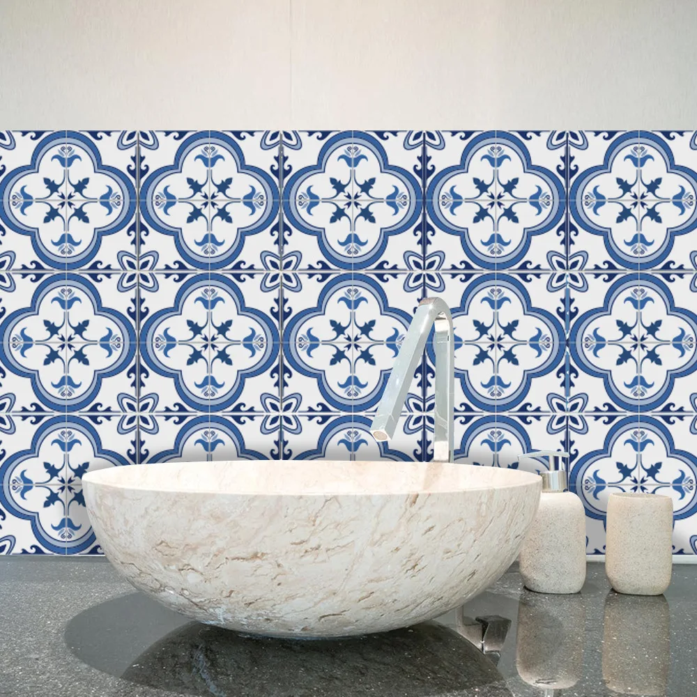 Виниловые наклейки на стену с синим узором, самоклеющиеся наклейки для ванной комнаты, кухни для напольной керамической плитки, домашний декор TS059