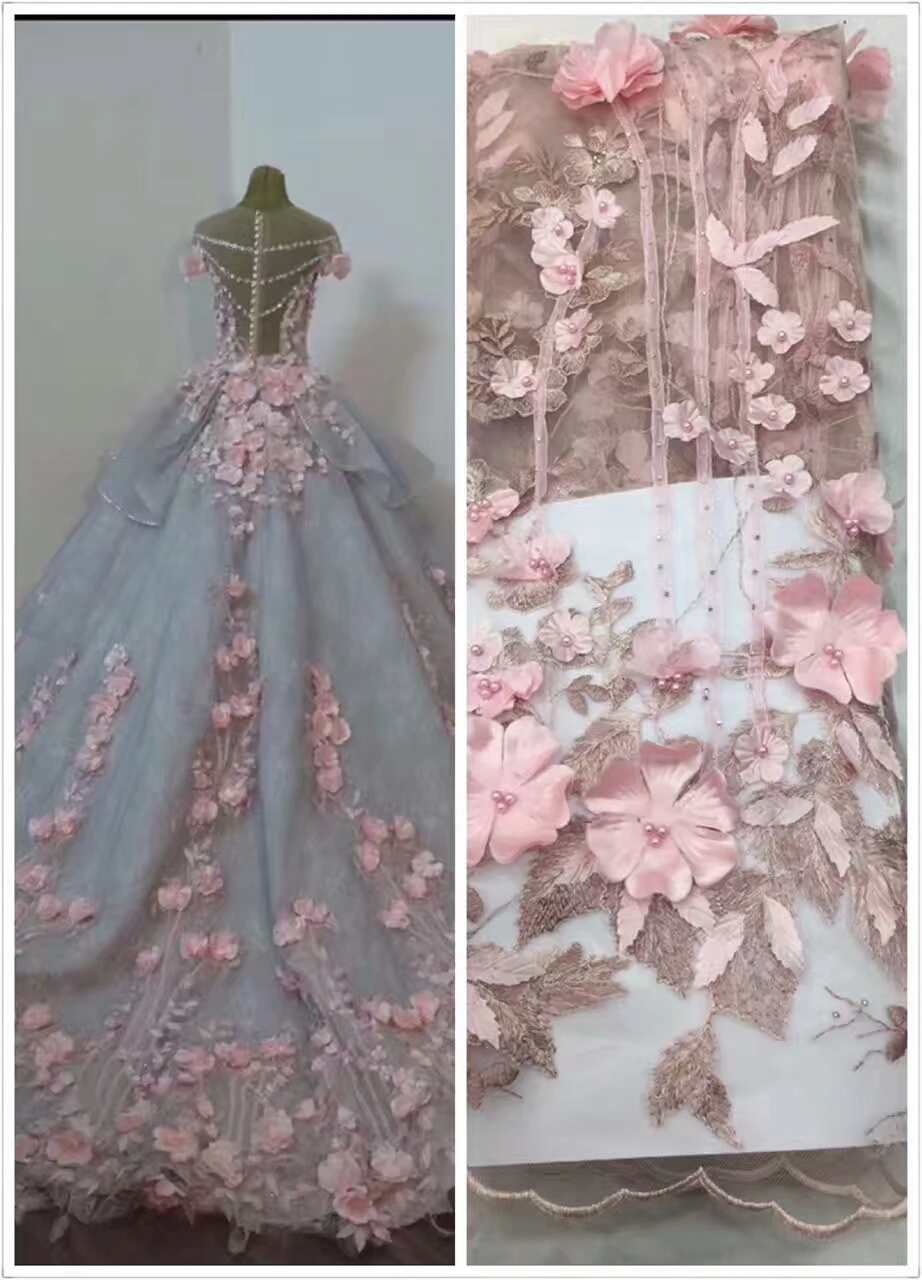 

5yards RNV002 pink new arrive good quality 3d flower pearls beads nice luxury polyestor tulle mesh lace for sawing/ wedding