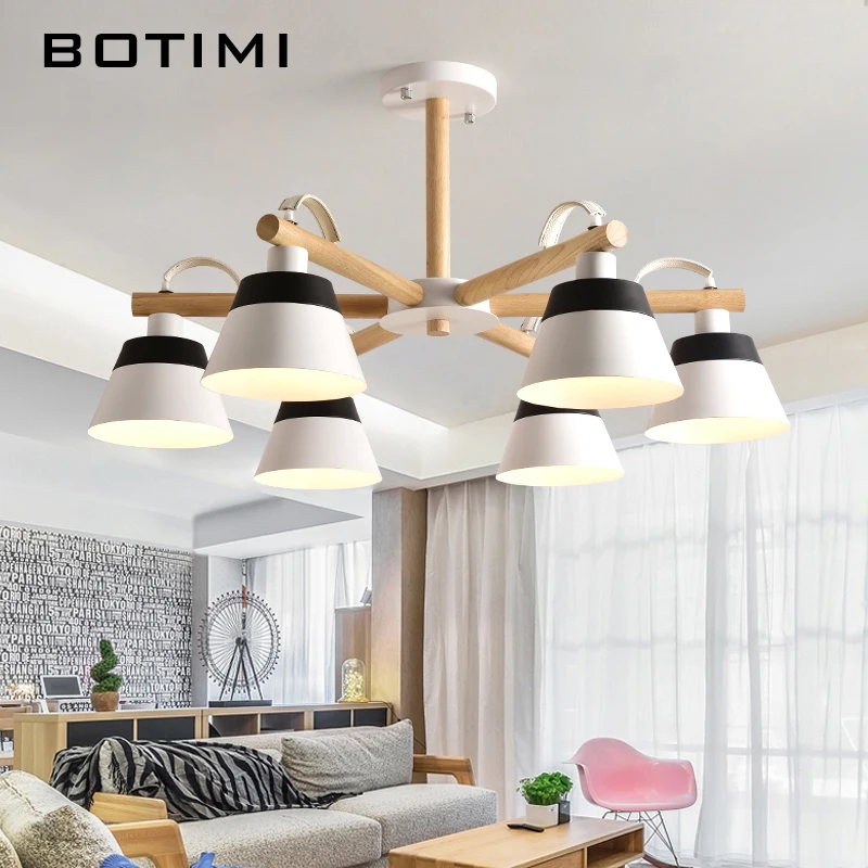 

BOTIMI New Arrival LED Chandelier For Living Room Nordic Chandeliers Wooden Hanging Light Lustres Lampshade Kitchen Lights