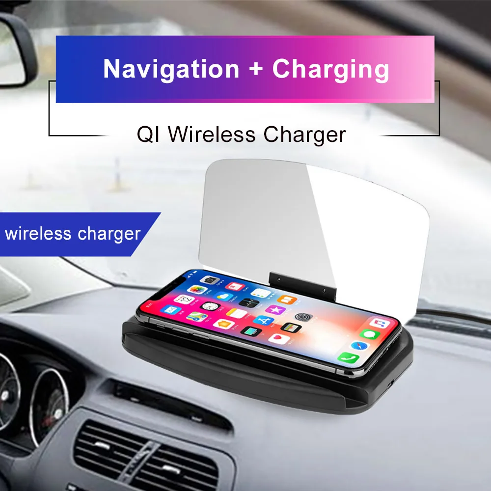 

2019 Newest Wireless Charger Universal Car HUD Holder Head Up Display GPS Navigator Phone Smartphone Projector for iPhone X XR