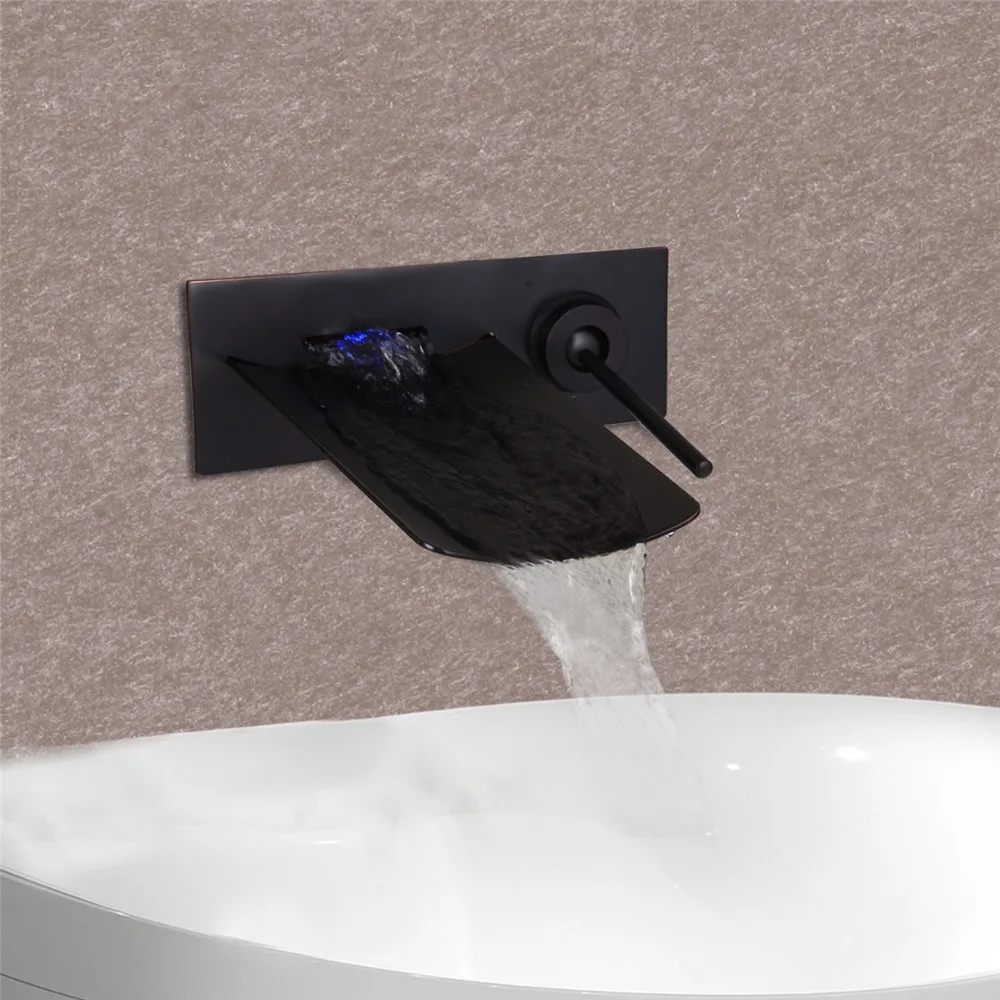 

LED OIil Rubbed Brozen Color Waterfall Bathroom Sink Faucet Basin Temperature Mixer tap Wall Mounted