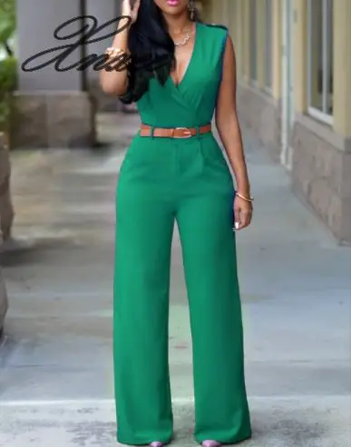 Women Sexy Jumpsuit Office Lady V Neck Sleeveless Rompers FEmale Wide Loose Leg Pants Playsuit Sashes Women Jumpsuits Women Sexy Jumpsuit Office Lady V Neck Sleeveless Rompers FEmale Wide Loose Leg Pants Playsuit Sashes Women Jumpsuits