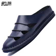 Новинка года; сезон лето; мужские повседневные сандалии больших размеров; мужская пляжная обувь из натуральной кожи в британском стиле; красивые шлепанцы; большие туфли на плоской подошве