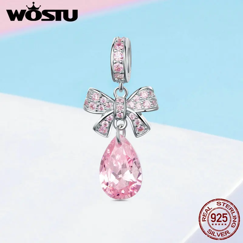 

WOSTU New Fashion 925 Sterling Silver Pink Bowknot Bead Charms Pendant Fit Original Charm Bracelet For Women Jewelry FIC1074