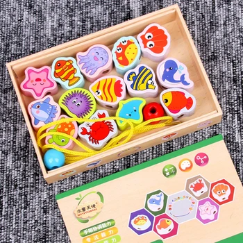 

Children Wooden Early Education Toys Kids Baby Handwork Threading Beaded Toys Lovely Marine Animal Traffic Digital Toys
