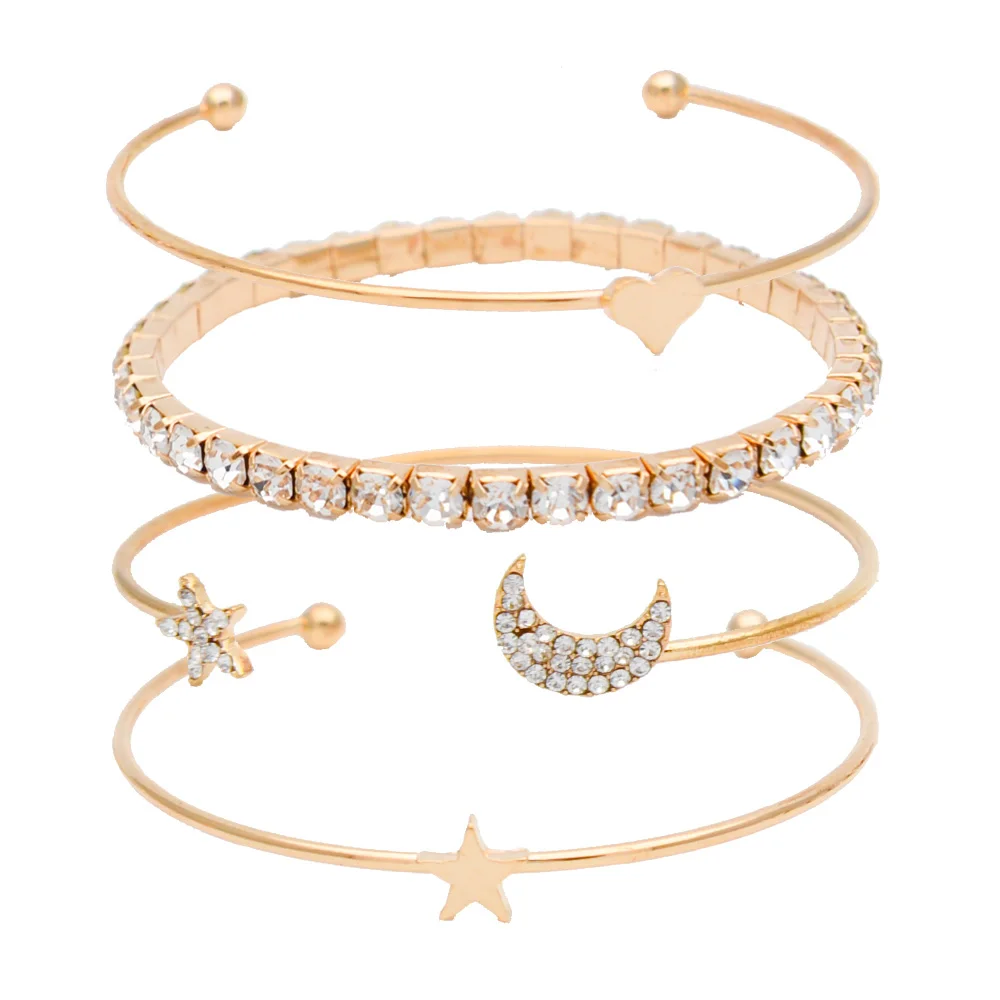 

Fashion Vintage Charm Gold Silver Adjustable Bracelets Bangles Sets For Women Crystal Moon Star Heart Shaped Jewelry 4 Pcs/set
