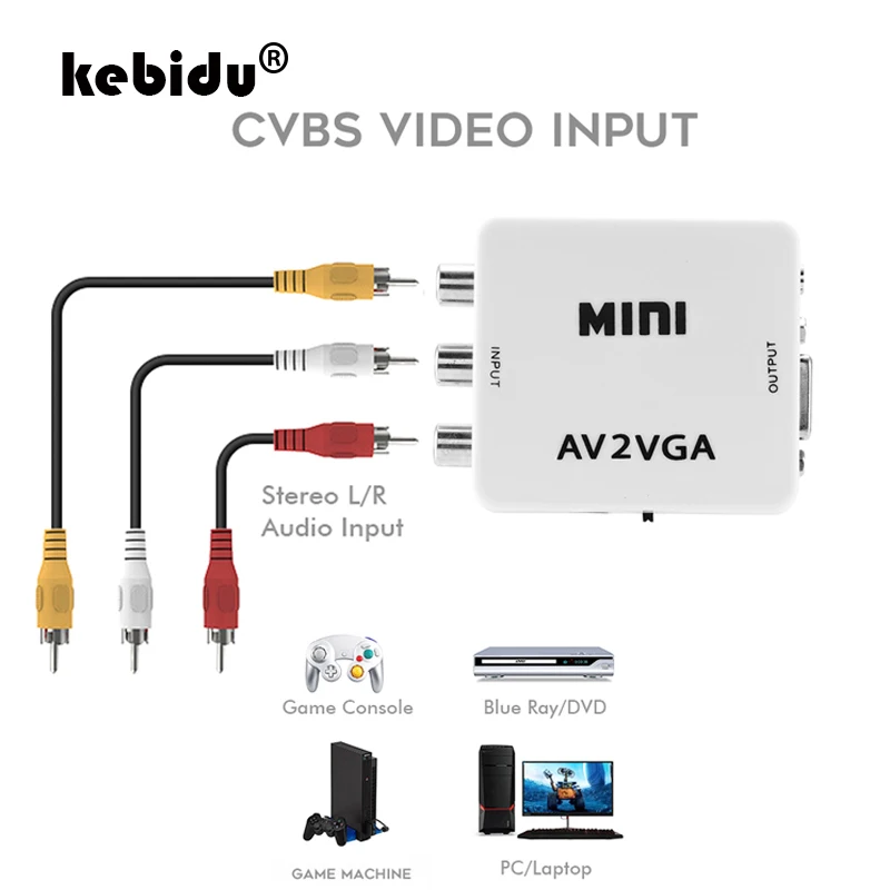 Видеоконвертер kebidu Mini HD AV2VGA с аудиоразъемом 3 5 мм AV RCA CVBS на VGA|Кабели VGA| |