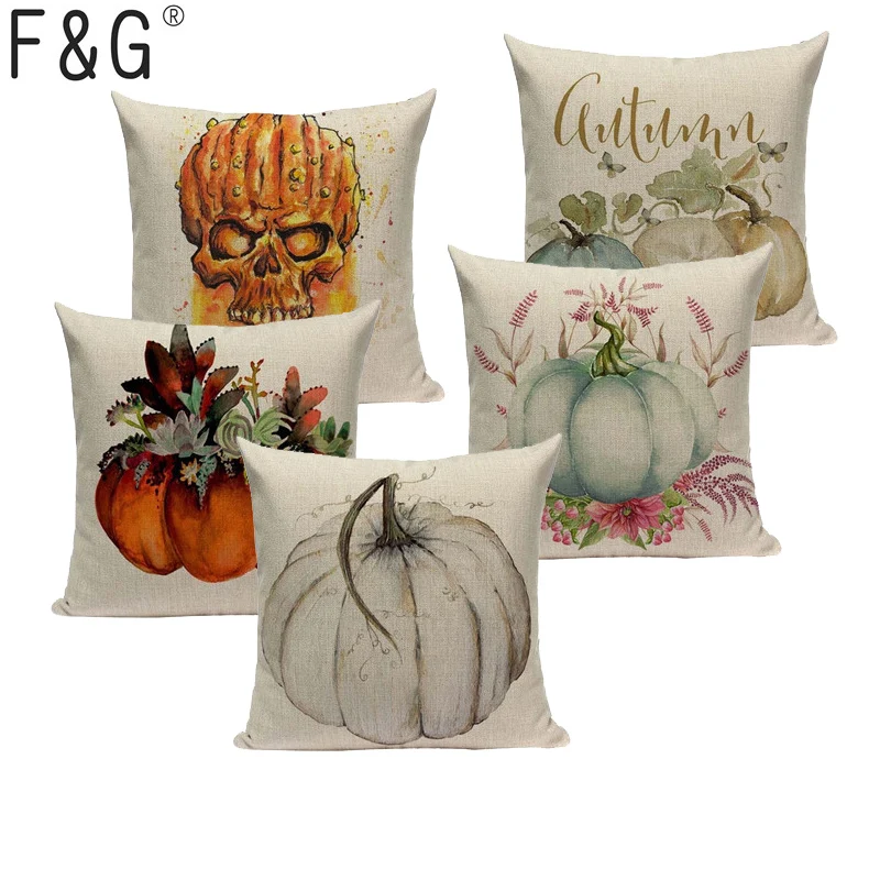 

High Quality watercolor pumpkin Cushions Cover Heart Halloween Home Decor Linen Pillow Cover Car Sofa Throw Pillows Pillowcase