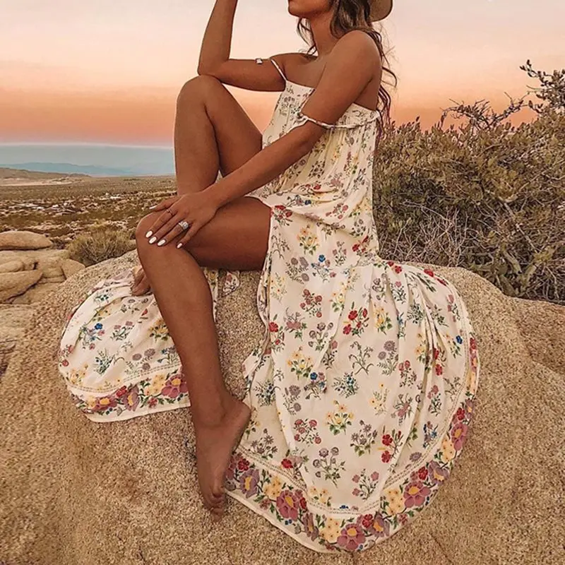 

Summer Sexy Strap Backless Floral Beach Dress Women Boho White Printed Robe Holdiay Ladies Romantic Sundress Split Maxi Dresses