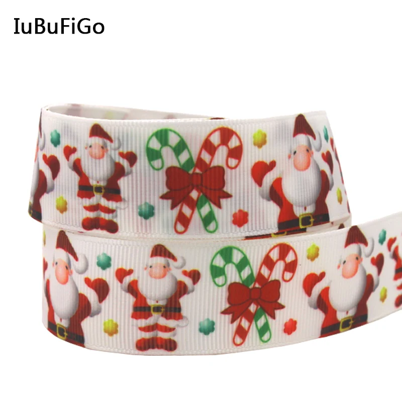 

[IuBuFiGo] 50yards Christmas ribbon 1" Grosgrain Printed ribbon Hair bows DIY handmade 25mm White ribbons
