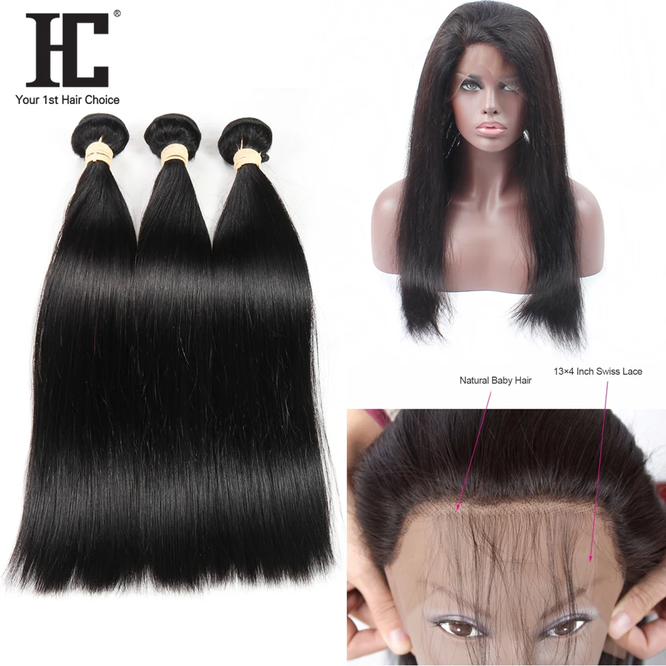 HC 360 Lace Frontal Closure With Bundles Natural Color Brazilian Straight Hair 3Bundles With Frontal Nonremy Bundles And Frontal