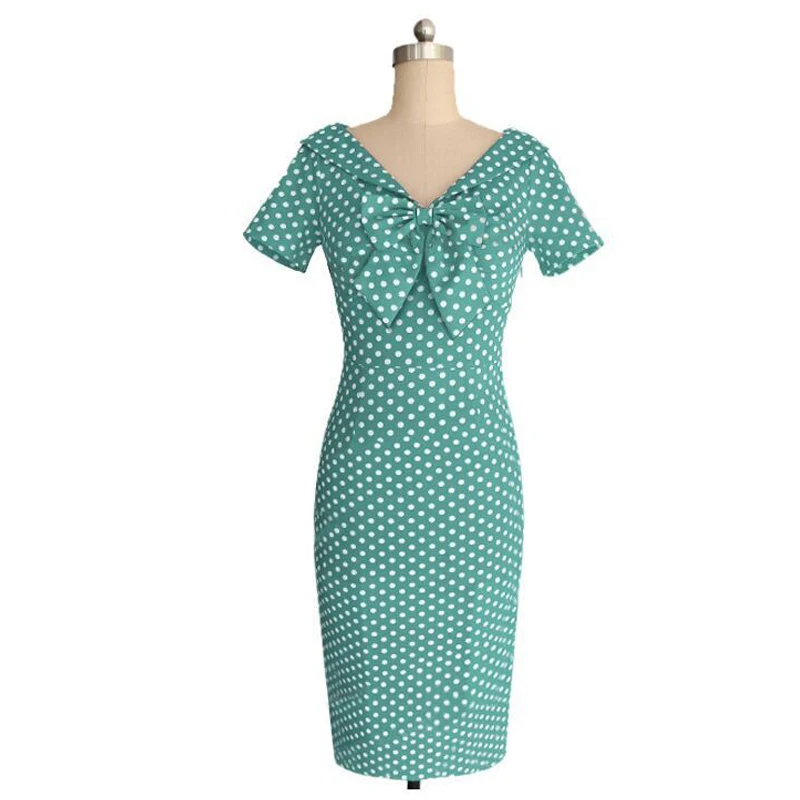 Kostlich V Neck With Bow Knot Dot Pencil Dress Short Sleeves Women Summer Dress Bodycone Party Dresses Casual Sundress  (8)