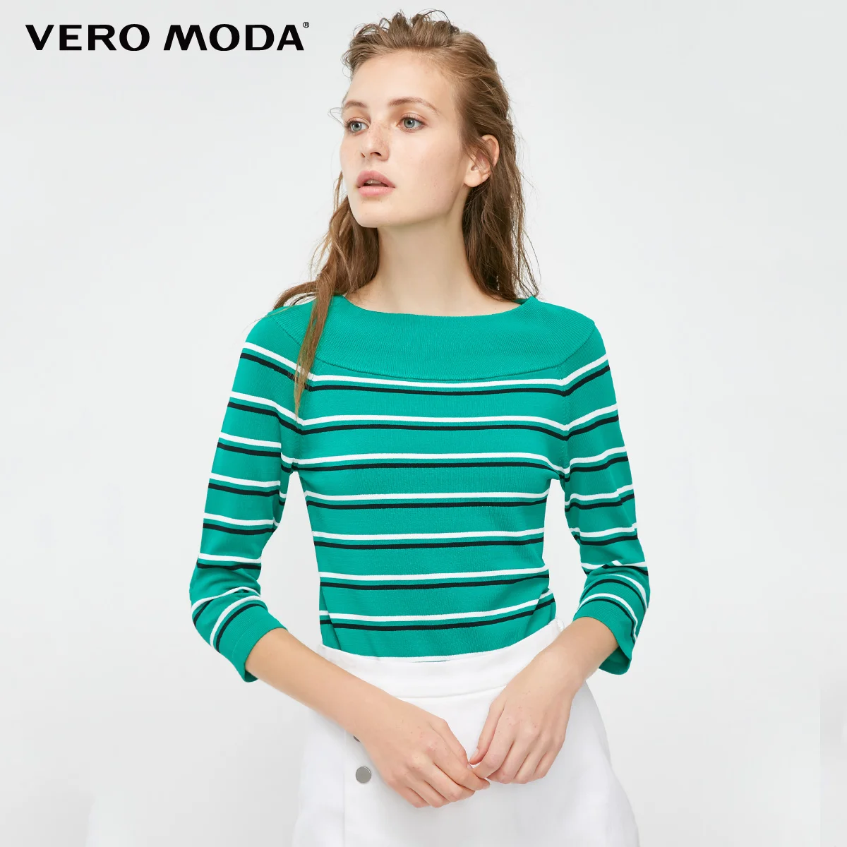 Vero Moda Новая Женская Полосатая с вырезом лодочкой 3/4 рукавами облегающая трикотажная | 318424505 - Цвет: Tribal green