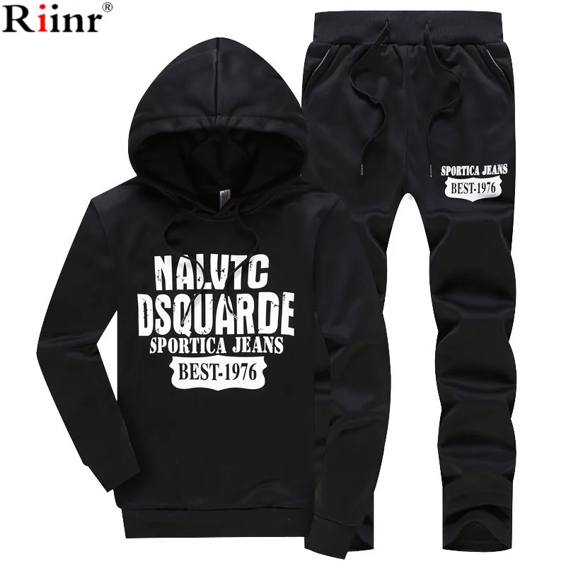 Riinr 2017 Fashion New Arrival Sporting Suit Men Spring And Autumn Casual Hoodies Two Piece Sets Solid Color Printing Tracksuit
