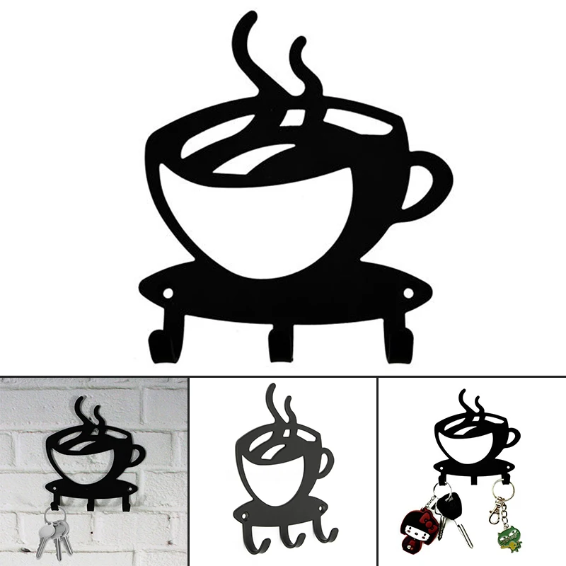 Coffee Shape Wall Mount Metal 3 Hook Key Rack Hanger Organizer Home Decor DIY