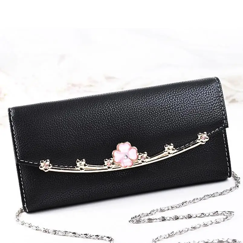 

Women Clutch Purse Mini Flower Bifold Solid Leather Wallet Card Holder Wallet Chain Fashion Handbag New Sac Femme #7002