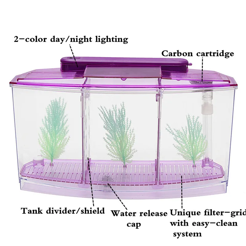3 Cubicle Acrylic Fish Betta Guppy Tank Mini Aquarium with 2 Color Day/Night LED Light