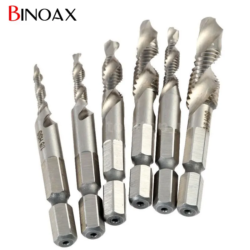 

Binoax M3-M10 HSS Standrad 6pcs HSS 1/4 Inch Hex Shank Combination Drill Tap Bit Set UNC or Metric Deburr Countersink Bits ND047