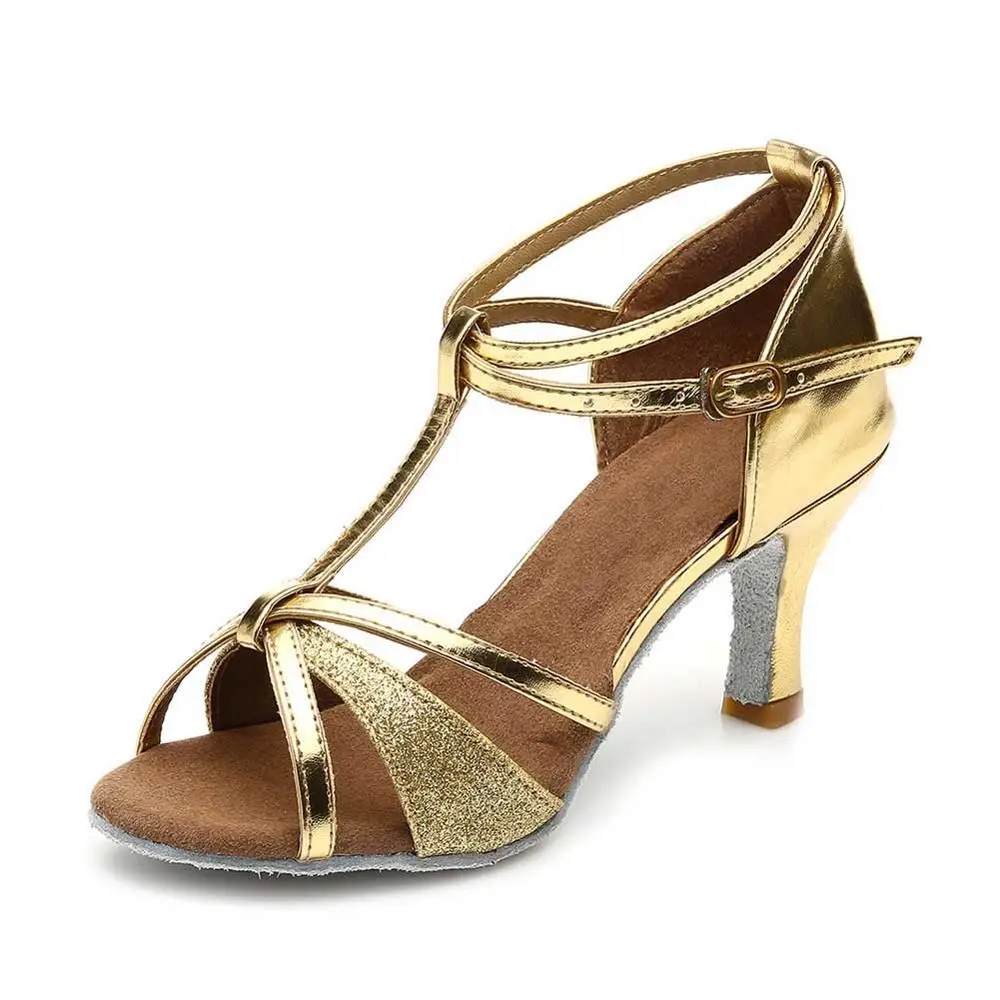 Обувь для латинских танцев для девочек, Женская Обувь для бальных танцев, профессиональная обувь для сальсы, танго, вечерние туфли для танцев, высокое качество, каблук около 7 см/5 см - Цвет: gold  7cm