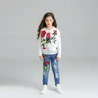 สาวชุดเสื้อผ้า2018ฤดูใบไม้ผลิฤดูใบไม้ร่วงเสื้อผ้าเด็กชุดสำหรับเด็กสาว3ชิ้นดอกไม้สาวชุดสูทลำลองหญิงฉีกกางเกงยีนส์