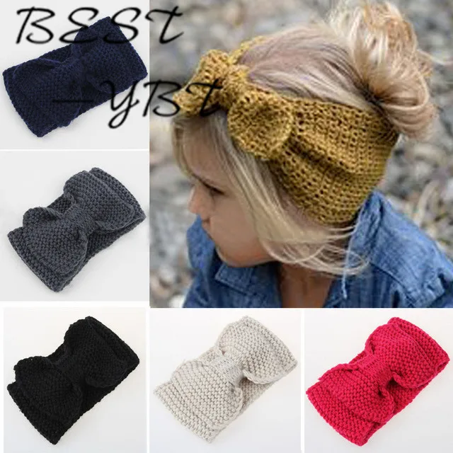 Best Offers 1 PC Winter Warm Ear Warmer Headwrap Xmas Girls' Crochet Headband Knitted Bow Hairband Hair Band Accessories