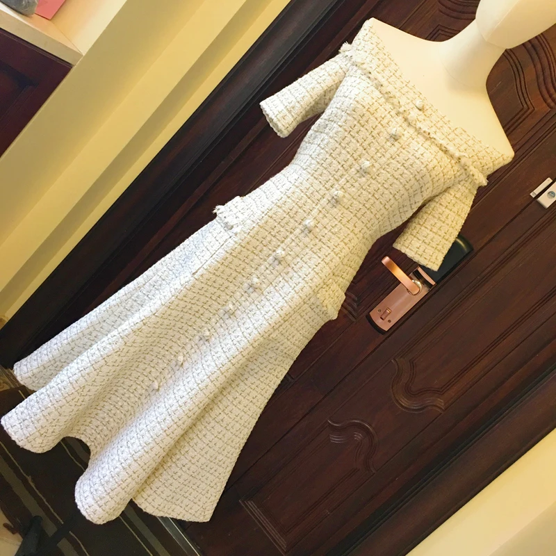 Шикарное женское высококачественное клетчатое твидовое платье осеннее элегантное платье с открытыми плечами A575