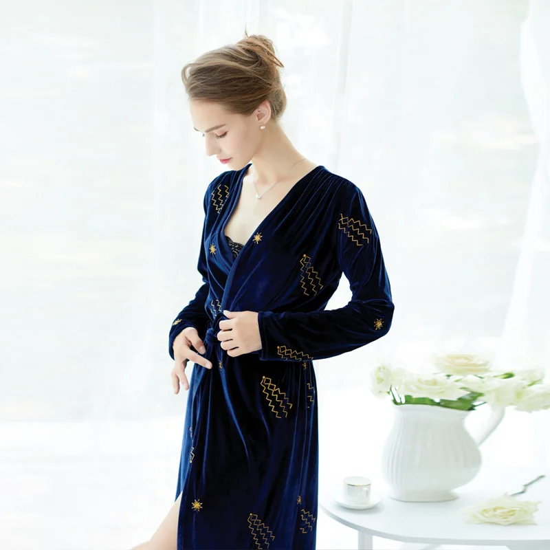 Женская Осенняя и весенняя Вельветовая ночная рубашка с вышивкой золотистой нитью и v-образным вырезом, удлиненная ночная рубашка, халат, домашняя одежда - Цвет: Синий