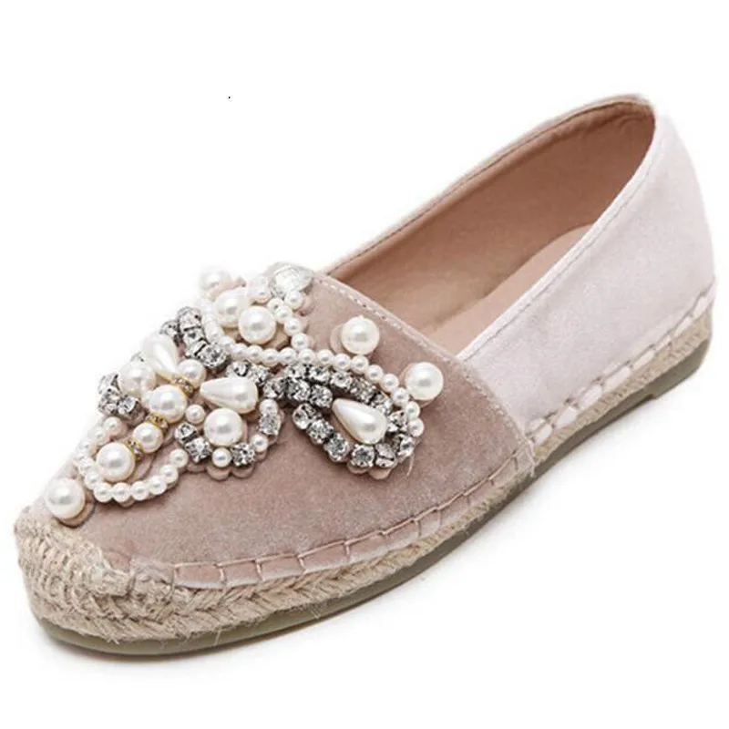 

Dropshipping 2018 Spring Autumn Women Loafer Round Toe Espadrilles Pearl Comfortable Hemp Bottom Women Shoes Slip on ZapatoMujer