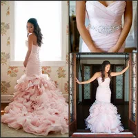 Vestidos De Novia New Sweetheart Pink Ruffled Organza Mermaid Wedding Dresses 2015 Bridal Gown Robe De Mariage Lace Up Back