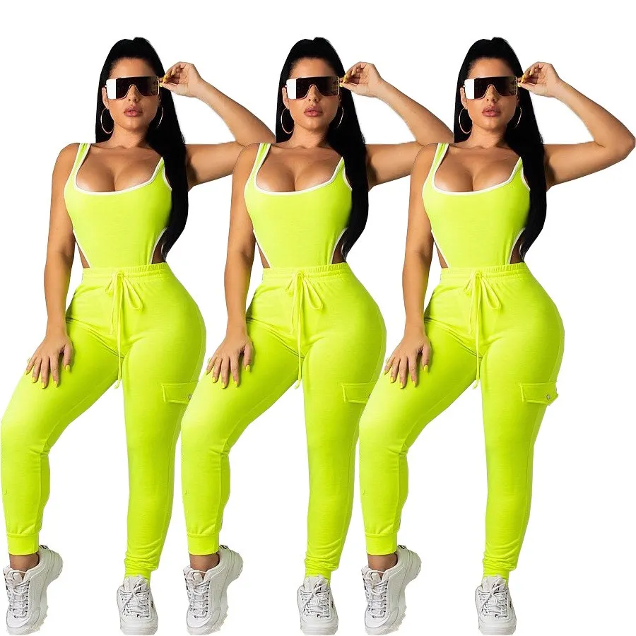 

Neon Green Sexy Two Piece Set Sleeveless Women Festival Clothing Beach Romper Bodysuit Top Pant Club Outfits Matching Sets