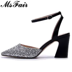 MsFair острый носок женские ботинки на квадратном каблуке сандалии с пряжкой на сверкающем высоком каблуке свадебные босоножки обувь Sandalias