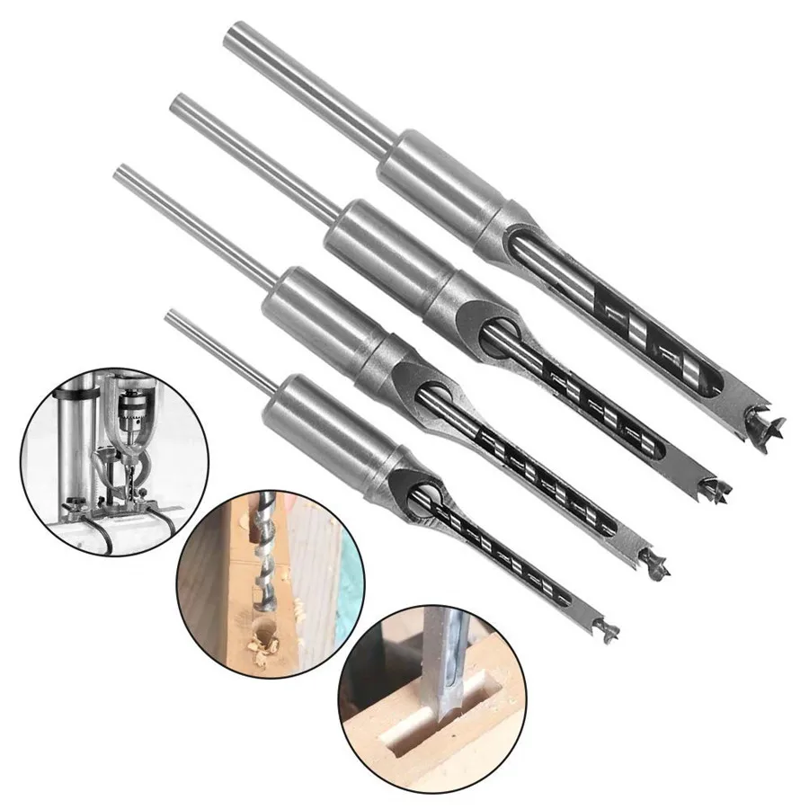 4Pcs Woodworker Square Hole Drill Bits Wood Mortising Chisel Set