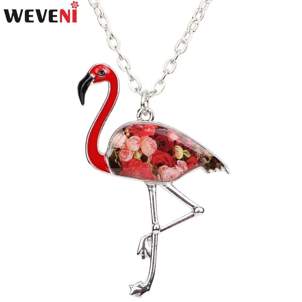 WEVENI Statement Alloy Flamingo Pendant Necklace Enamel Bird Chain