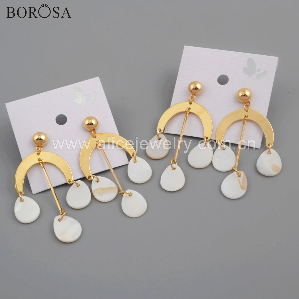 

BOROSA 10Pairs Elegant Gold Color Moon Shape Natural White Shell Slice Drop Earrings Jewelry With High Quality WX1081