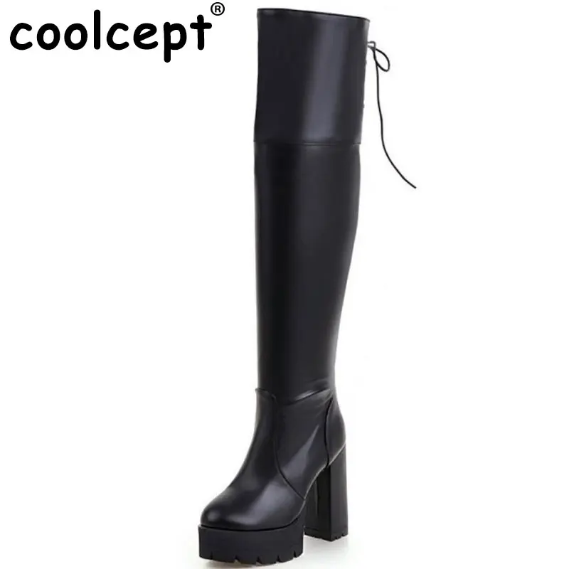 

Coolcept Ladies Zipper Over Knee Boots Women Platform Thick High Heel Shoes Fashion Cross Strap Botas Mujer Size 34-43